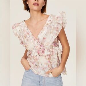 Munthe, Floral Ruffle herb Peplum Blouse, Size 38 / us 8 / medium open back tie